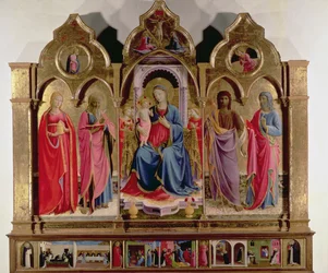 Jungfrau und Kind auf dem Thron mit vier Engeln, St. Markus, St. Johannes der Täufer, St. Johannes der Evangelist und Maria Magdalena, aus dem Polittico di San Domenico